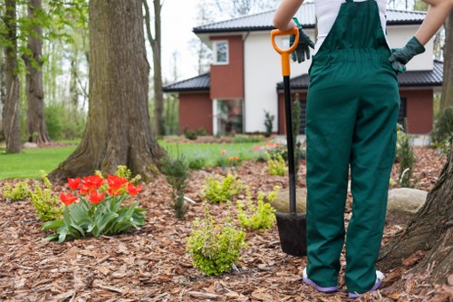 Workers wearing PPE pruning a shrub with safety barriers